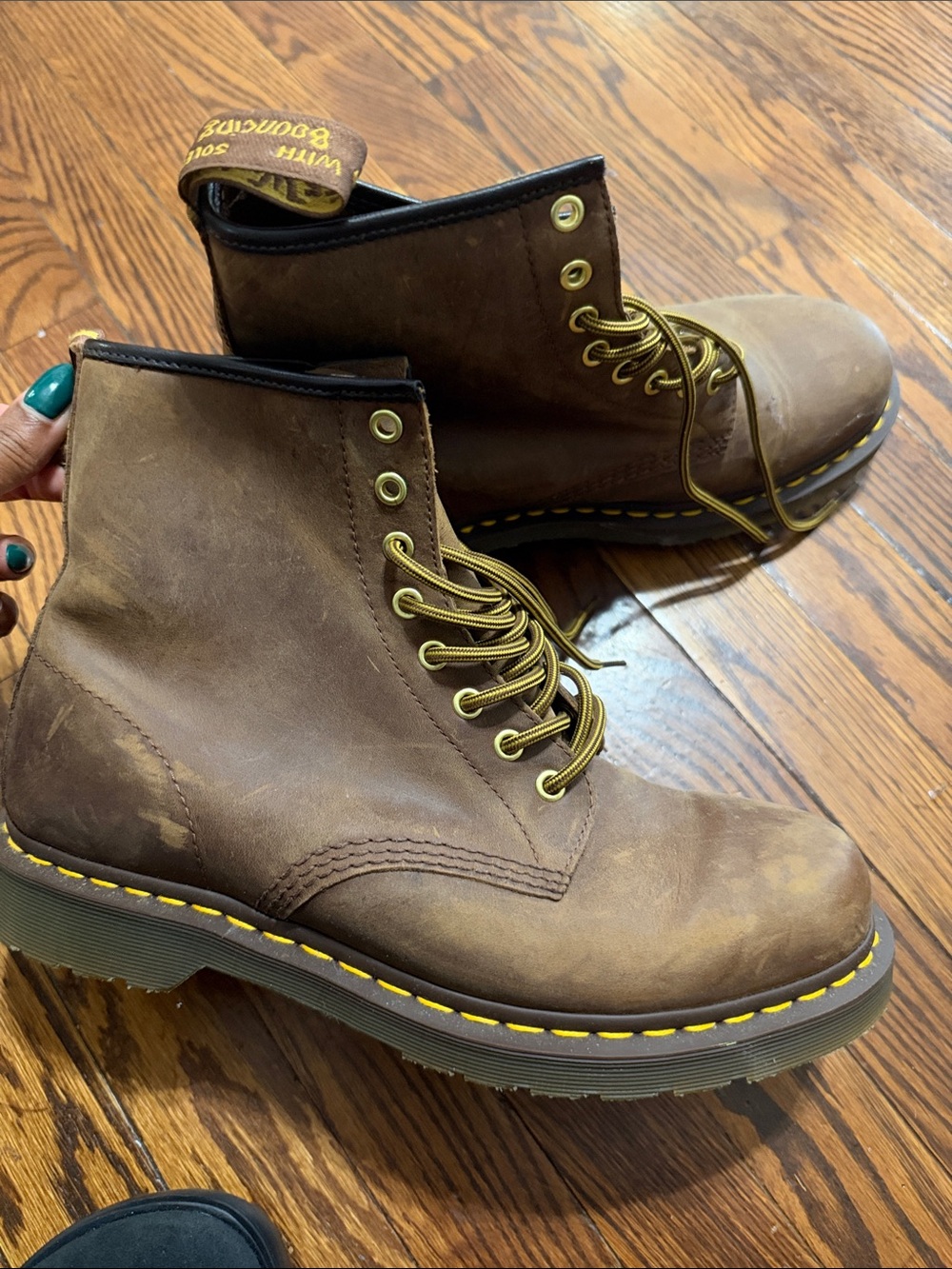 Dr. Martens Brown Leather Lace-Up Boots with Yellow Stitching